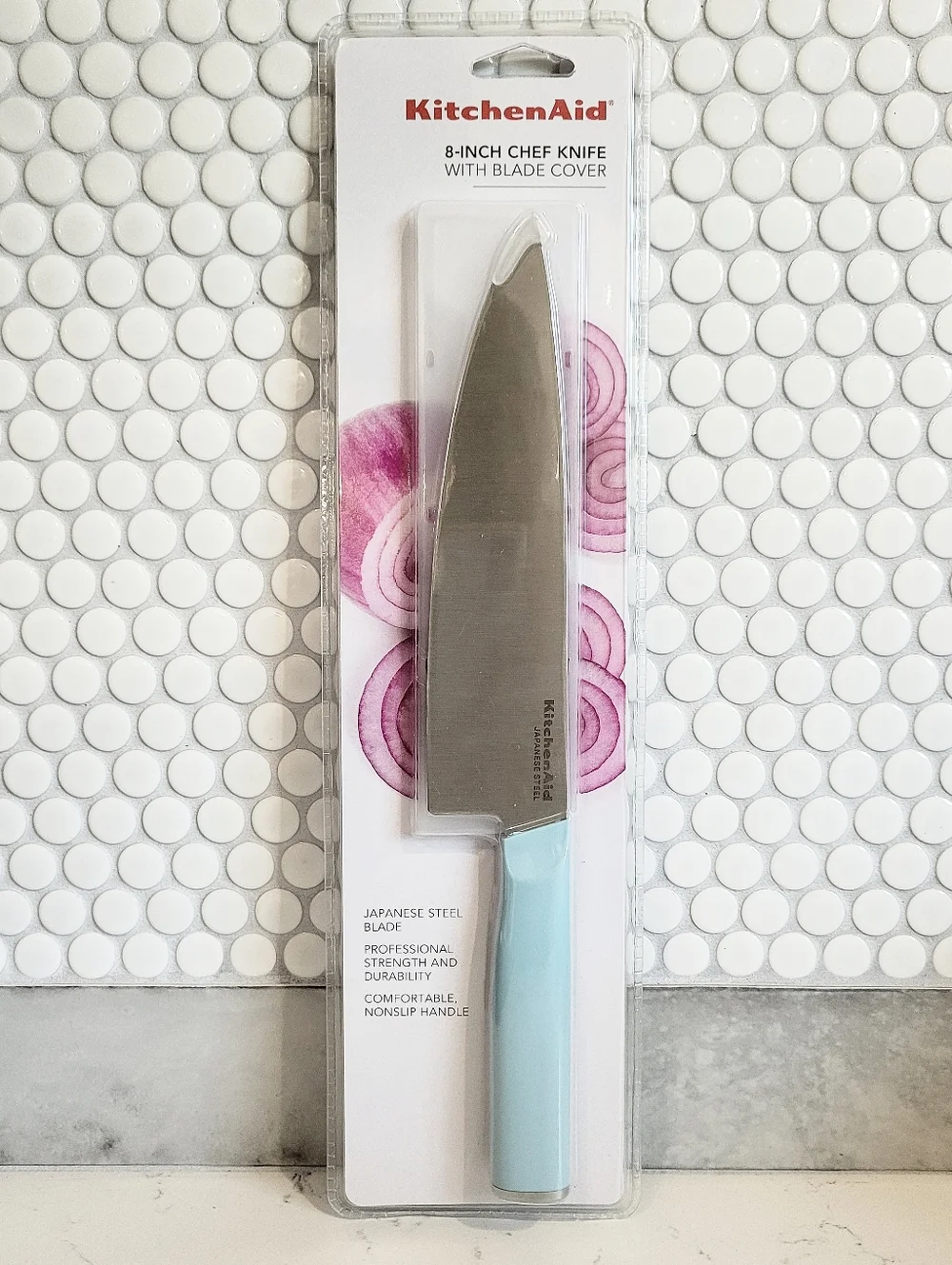 KitchenAid 8-Inch Chef Knife in Light Blue with Blade Cover